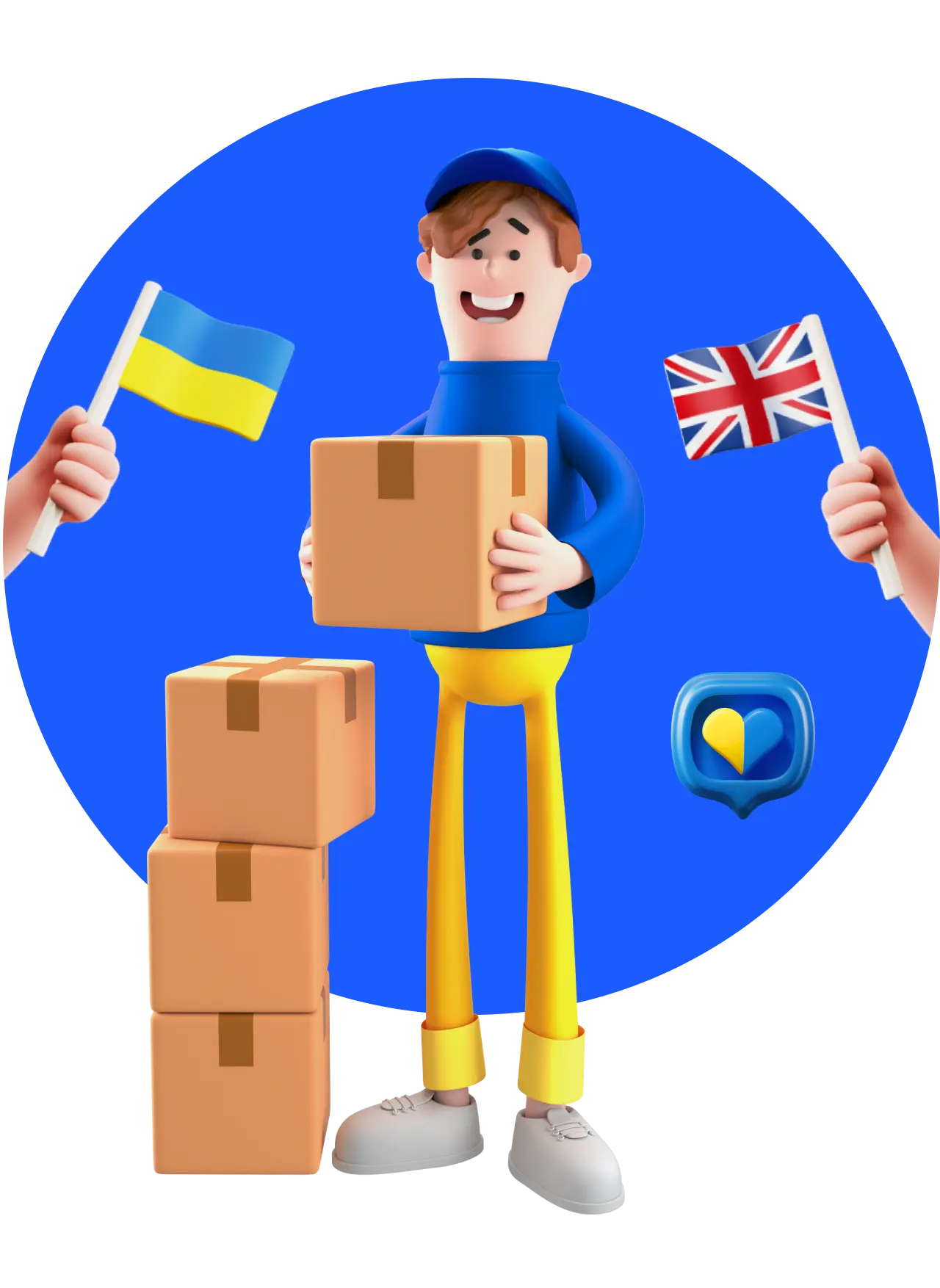 Picture of delivery man with parcels. Ukraine and England flag on background
